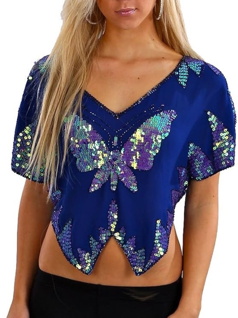 Free People Blue Butterfly Sequin Crop Top Blouse EUC SZ M
